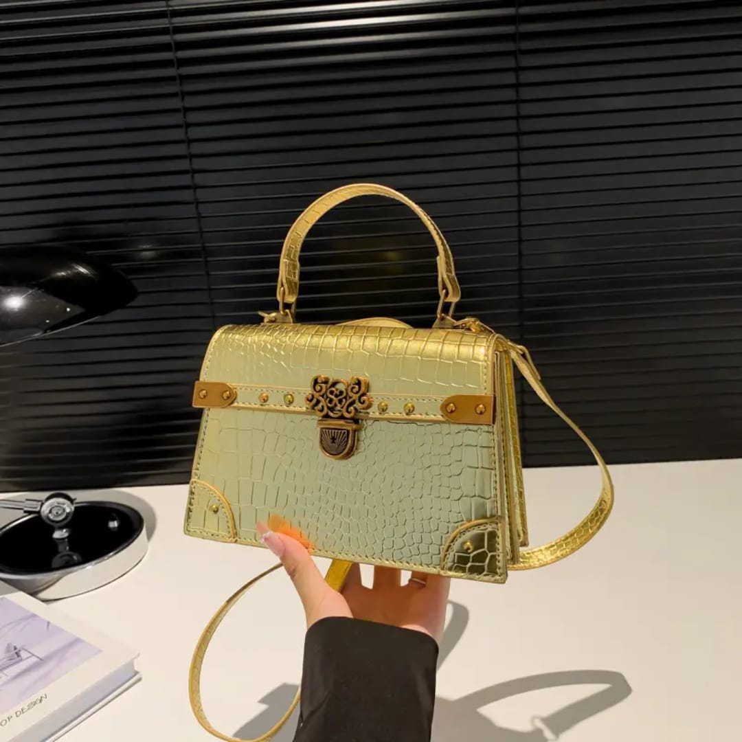 Luxury Crocodile Embossed Mini Cross Body Bag – Metallic Crossbody with Antique Gold Hardware