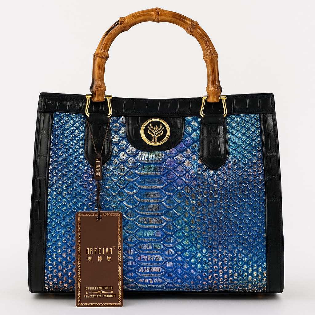 Anfeiya Elegant Croc &amp; Python Textured Bamboo Handle Tote Bag