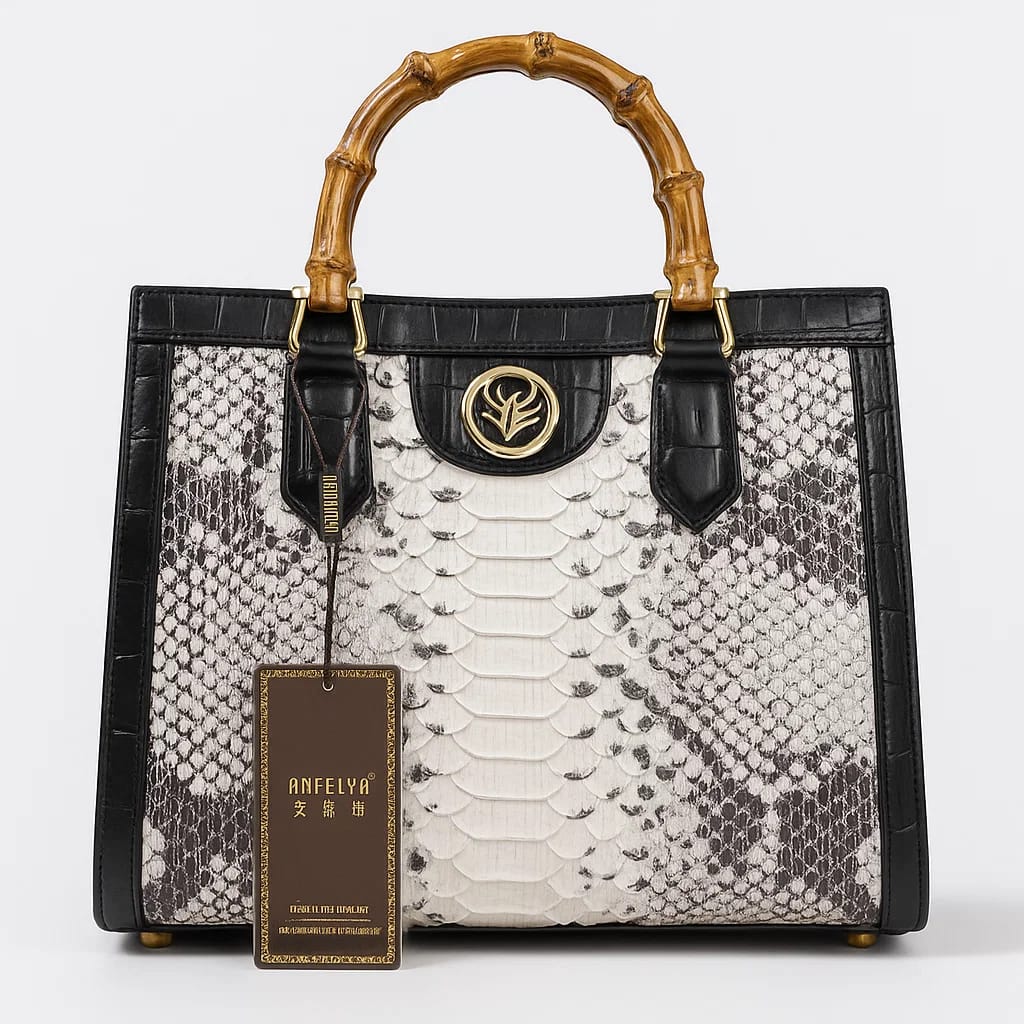 Anfeiya Elegant Croc &amp; Python Textured Bamboo Handle Tote Bag
